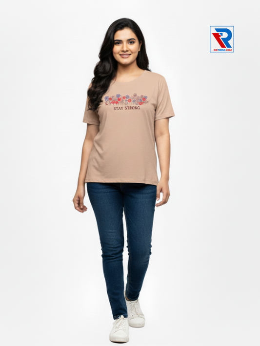 Women's half-sleeve t-shirt in tan color, sizes M-L-XL-XXL, front view by Riotrend.