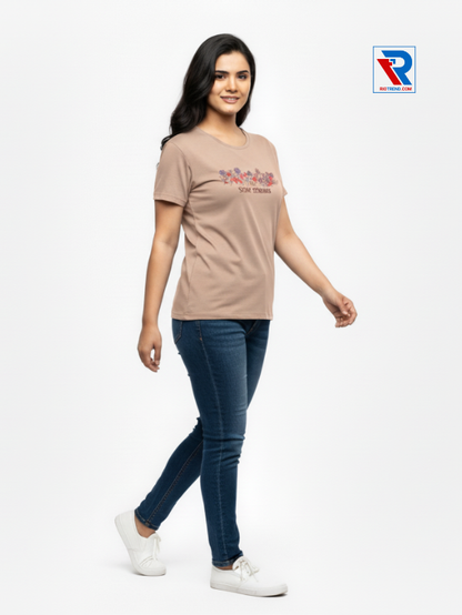 Women's half-sleeve t-shirt in tan color, sizes M-L-XL-XXL, shown in relaxed side view by Riotrend.
