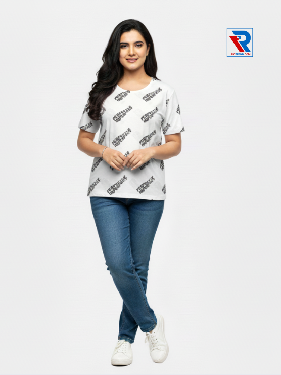 Women's stylish white half-sleeve t-shirt, sizes M-L-XL-XXL, soft cotton casual wear displayed with folded arms and legs, Riotrend.