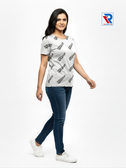 Women's comfortable white half-sleeve t-shirt, sizes M-L-XL-XXL, relaxed side view casual outfit by Riotrend.