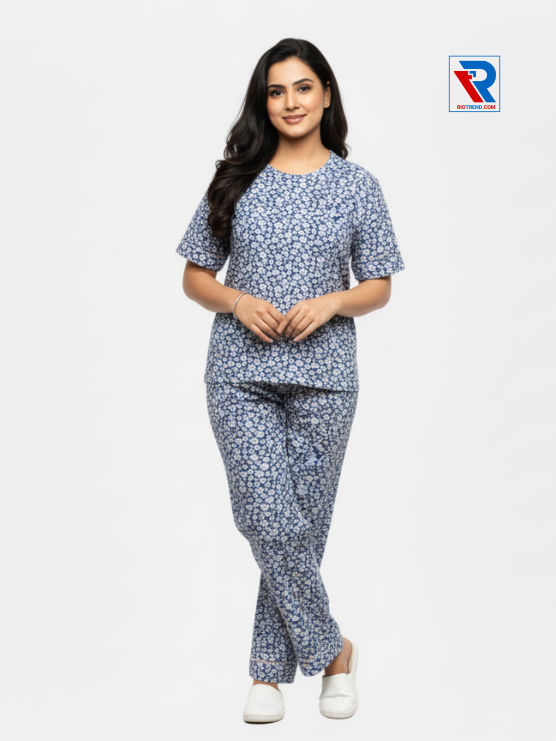 Women’s pyjama set, sizes M–XL, blue top and pyjama pants, folded‑leg arms view – RioTrend sleepwear showcasing a casual, relaxed pose.