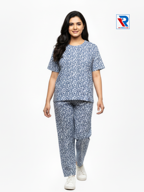 Women’s pyjama set, sizes M–XL, blue top and pyjama pants, front view – RioTrend sleepwear highlighting comfort and design.
