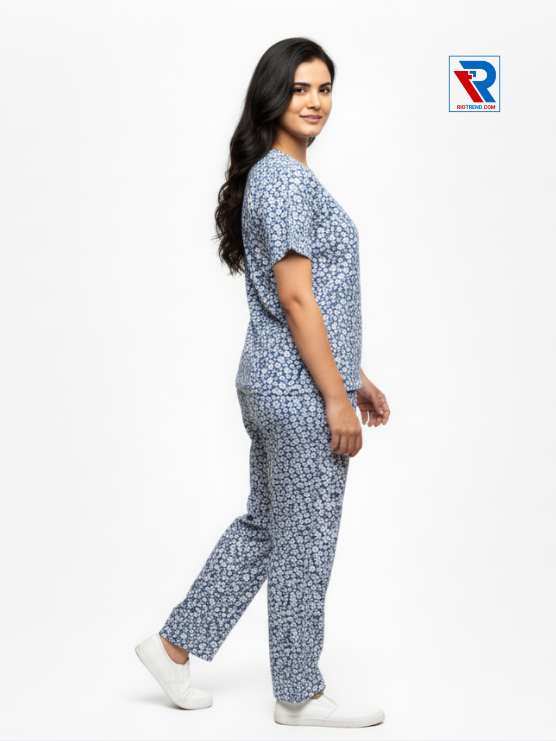 Women’s pyjama set, sizes M–XL, blue top and pyjama pants, relaxed side view – RioTrend sleepwear emphasizing everyday comfort and style.