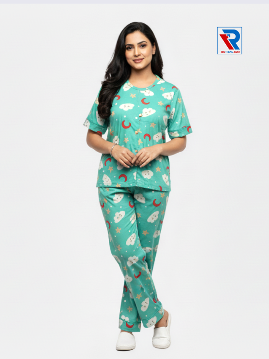 Women’s pyjama set, sizes M–XL, cyan top and pyjama pants, folded‑leg arms view – RioTrend sleepwear showcasing a casual, relaxed pose.