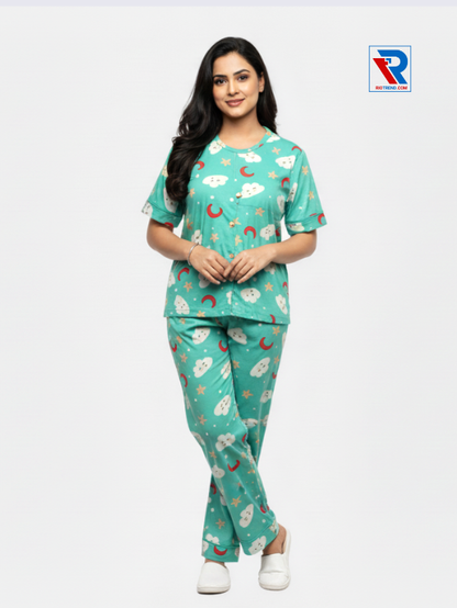 Women’s pyjama set, sizes M–XL, cyan top and pyjama pants, folded‑leg arms view – RioTrend sleepwear showcasing a casual, relaxed pose.