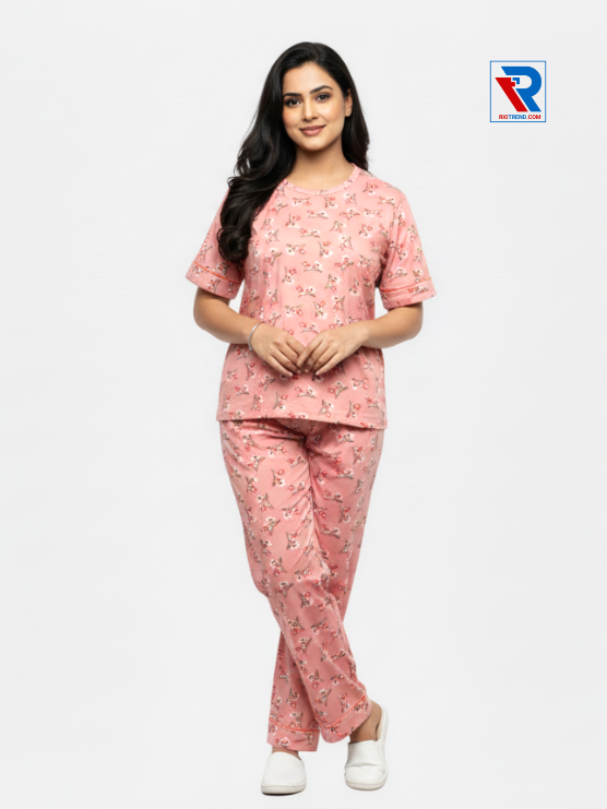 Women’s pyjama set, sizes M–XL, pink top and pyjama pants, folded‑leg arms view – RioTrend sleepwear showcasing a casual, relaxed pose.
