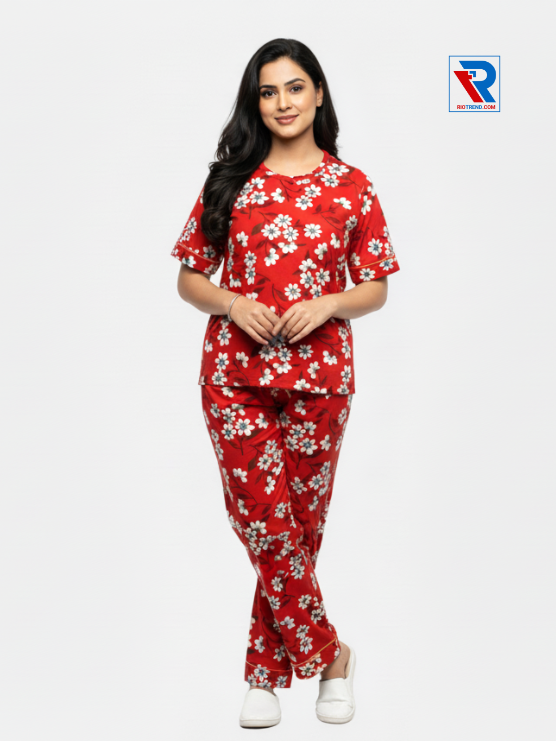 Women’s pyjama set, sizes M–XL, red top and pyjama pants, folded‑leg arms view – RioTrend sleepwear showcasing a casual, relaxed pose.