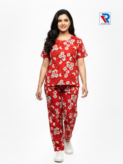 Women’s pyjama set, sizes M–XL, red top and pyjama pants, front view – RioTrend sleepwear highlighting comfort and design.