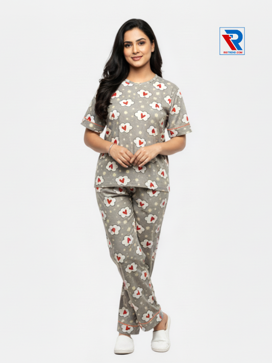 Women's tan pyjama set, sizes M-L-XL, displayed with folded legs and arms for styling, Riotrend.