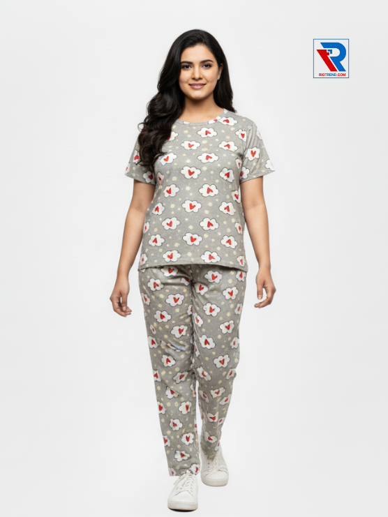 Women's pyjama set in tan color, sizes M-L-XL, featuring a short-sleeve top and matching pyjama pants, front view by Riotrend.