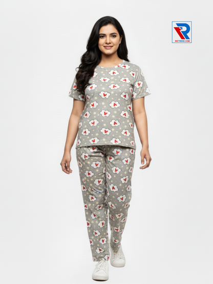 Women's pyjama set in tan color, sizes M-L-XL, featuring a short-sleeve top and matching pyjama pants, front view by Riotrend.